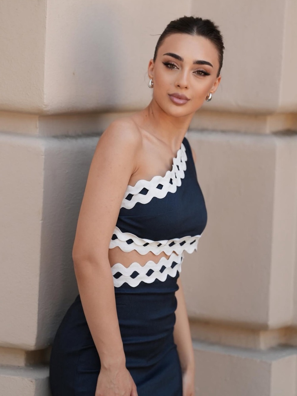 One-Shoulder Navy Dress with White Cutout Trim - Picture 4 of 4